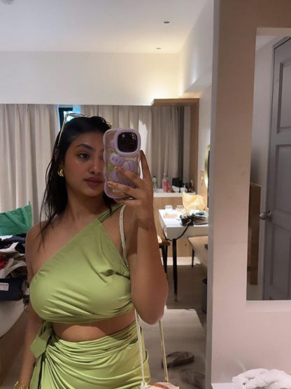 One Shoulder Backless Crop Top & High Slit Skirt Coord Set