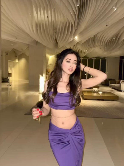 Ruched Spaghetti Strap Crop Top & High Slit Skirt Coord Set