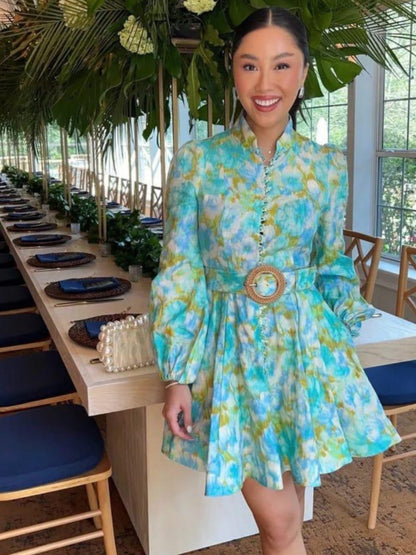 Floral Print Short A Line Dress with Belt