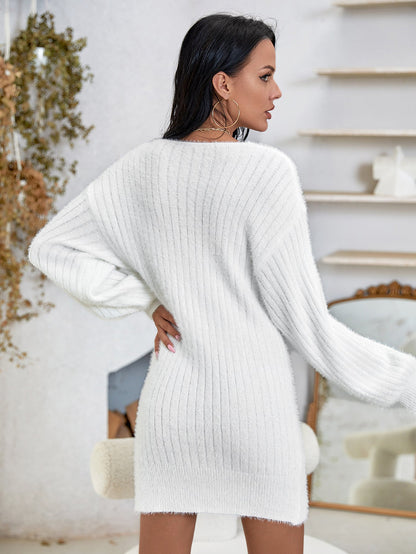 Fuzzy Rib Knit Deep V-Neck Balloon Sleeve Bodycon Mini Sweater Dress