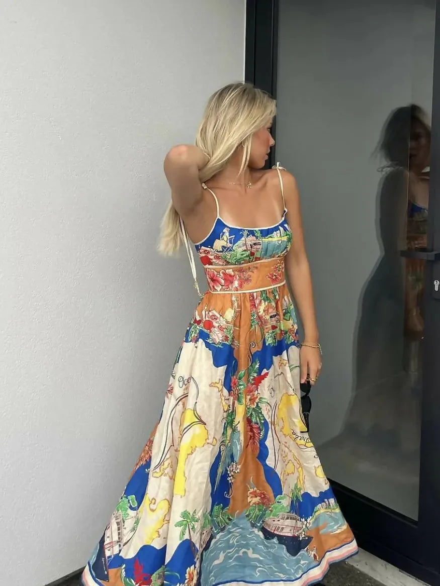 Tied Spaghetti Strap Nautical Floral Print Dress