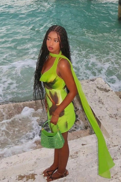 Lesley Floral Print Draped Scarf Mini Dress