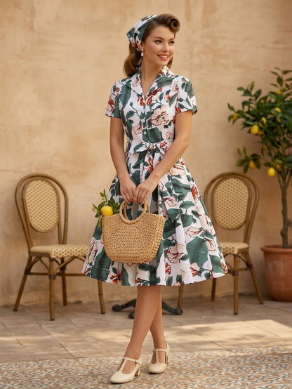 Vintage Printed Tea Dress for Women - 1950s A-Line Belted Short Sleeve Rockabilly Swing Midi Dress - Holiday Picnic 2026