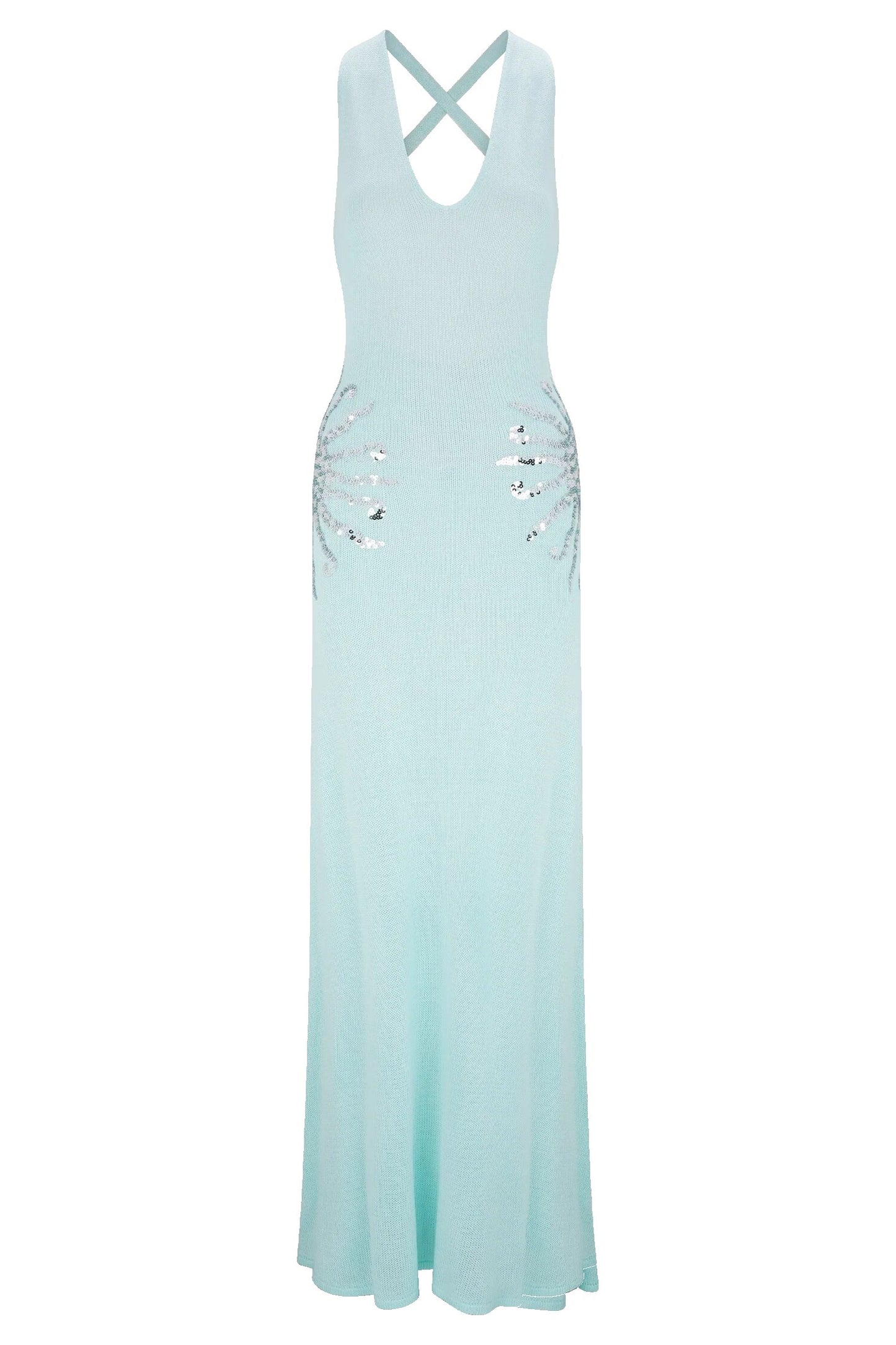Sparkling Nights Knit Sunburst Sequin Detail Back Cross Straps Stretch Maxi Dress