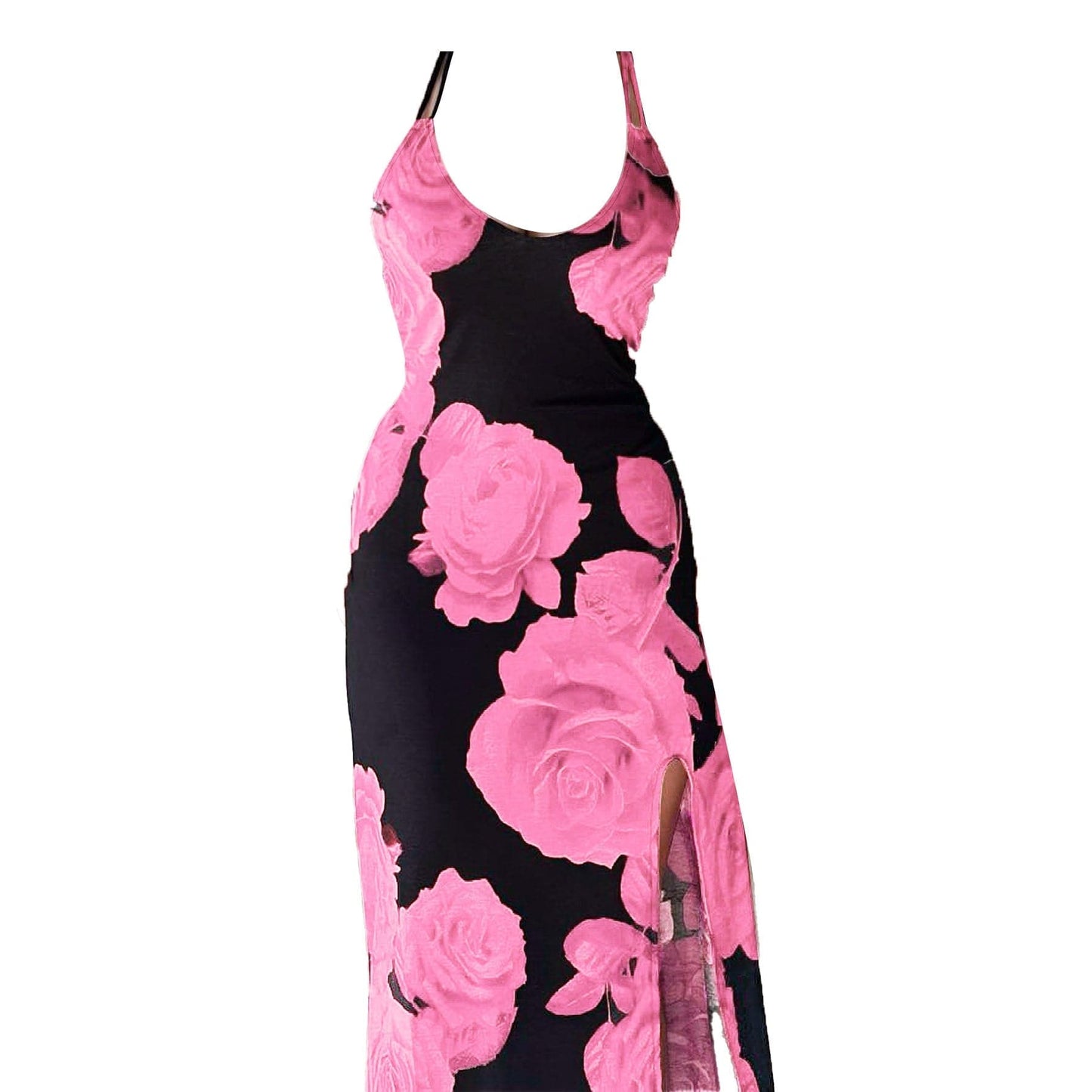 Rose print u neck slit cross back cami maxi dress
