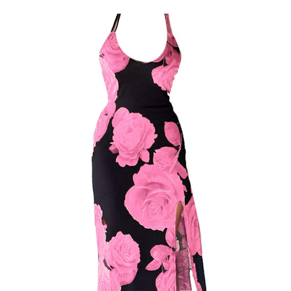 Rose print u neck slit cross back cami maxi dress-final-sale