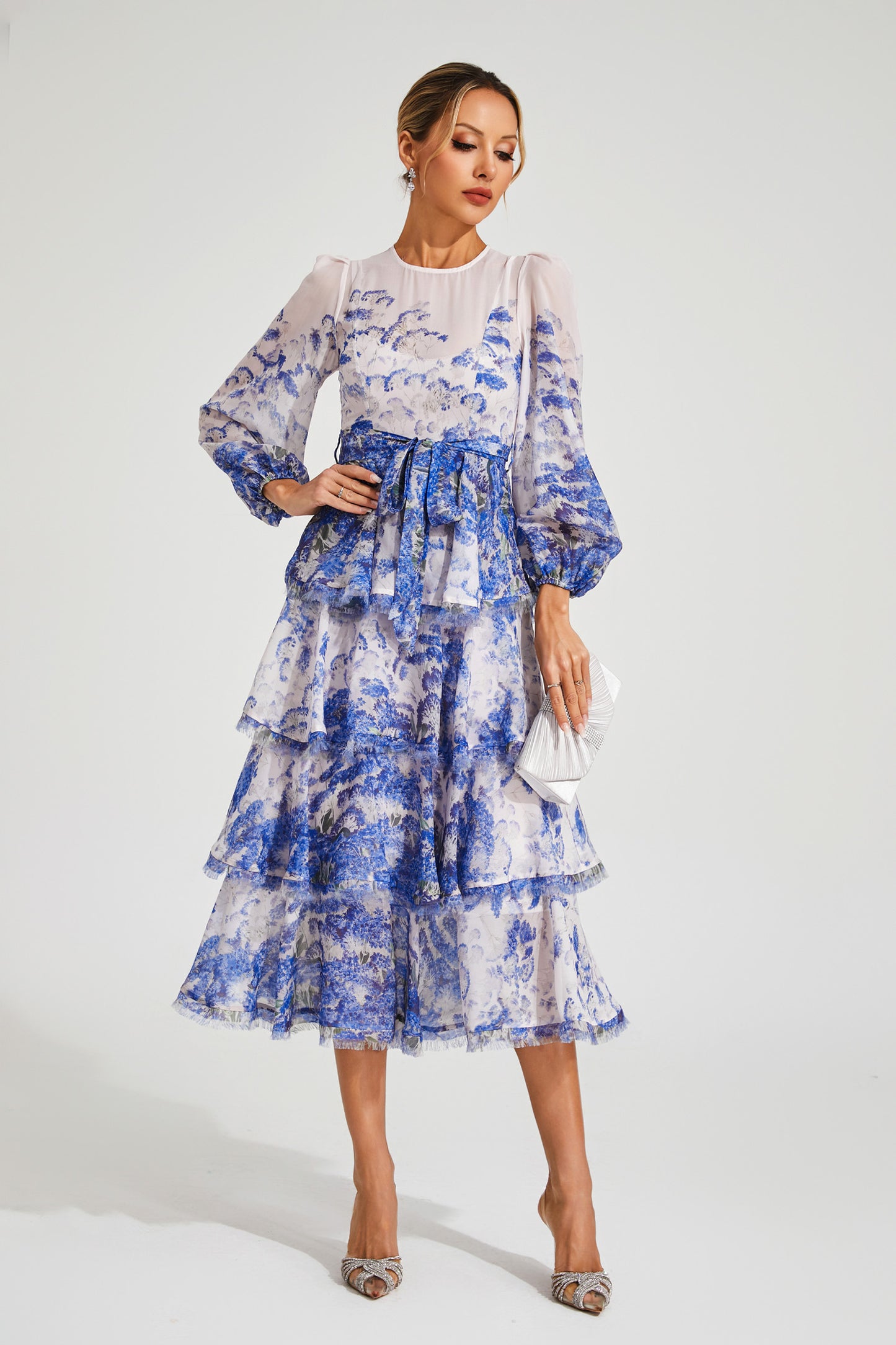 Gabriel Blue Tiered Long Sleeve Dress