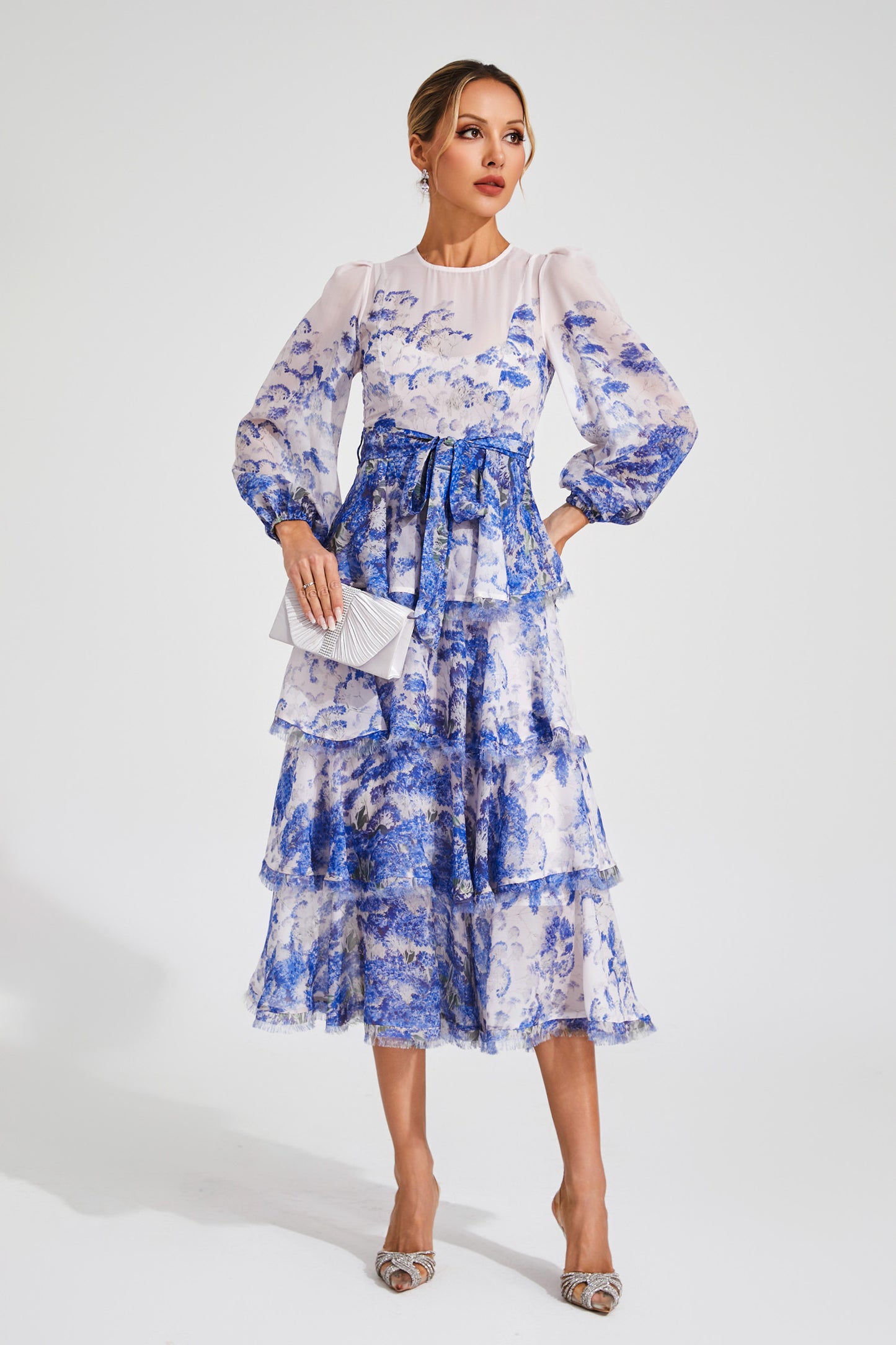 Gabriel Blue Tiered Long Sleeve Dress