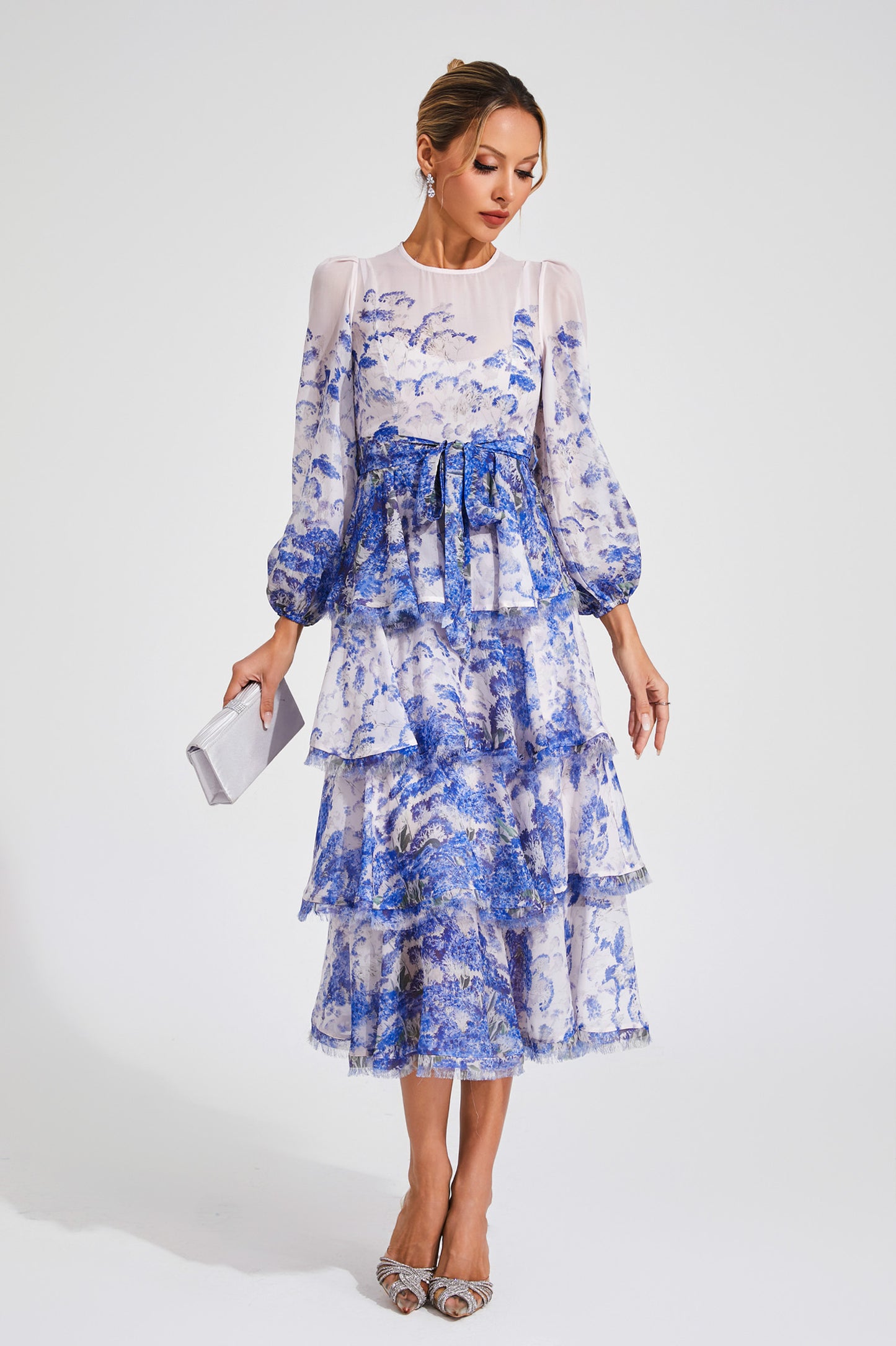 Gabriel Blue Tiered Long Sleeve Dress