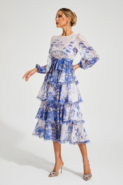 Gabriel Blue Tiered Long Sleeve Dress