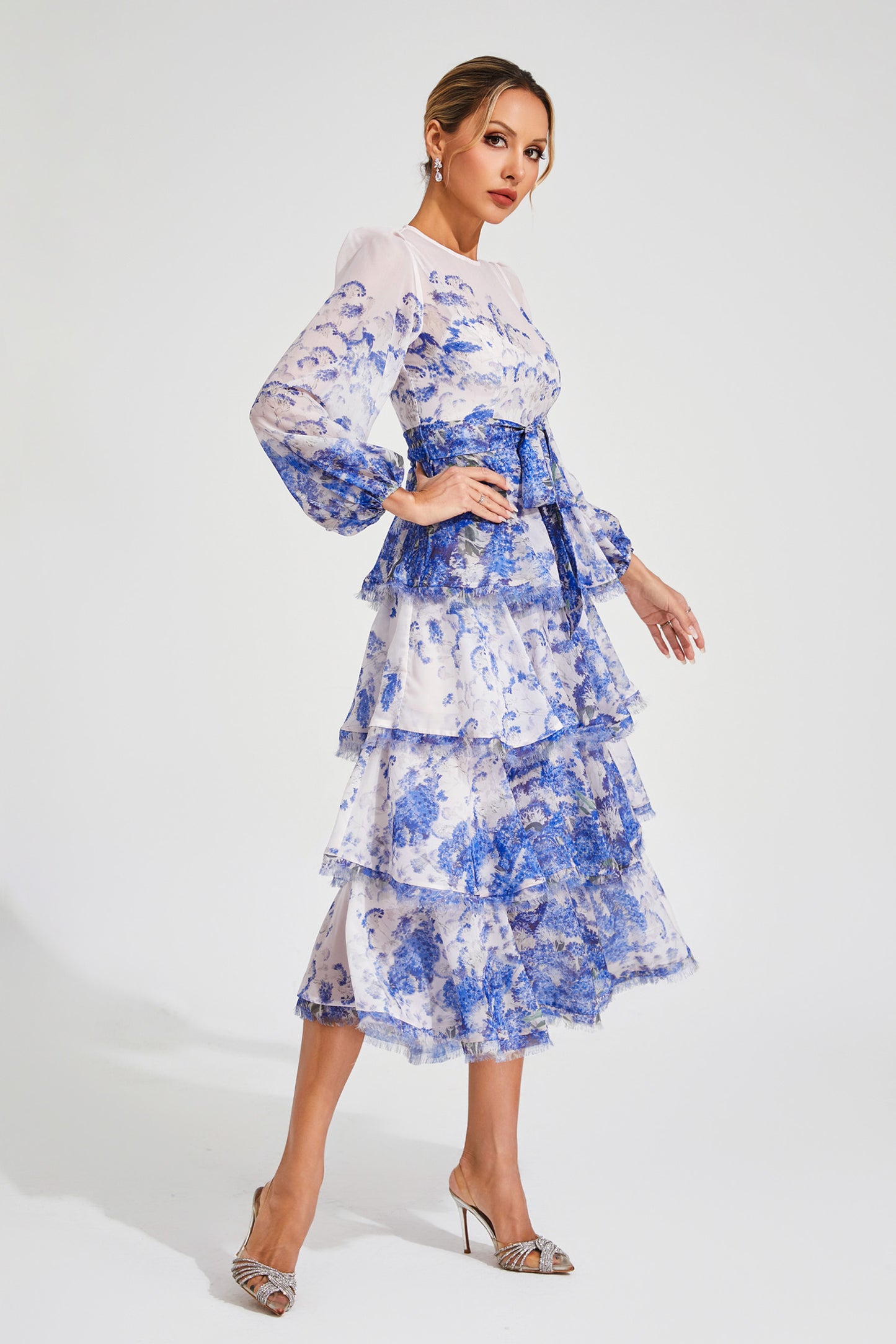 Gabriel Blue Tiered Long Sleeve Dress