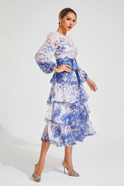 Gabriel Blue Tiered Long Sleeve Dress