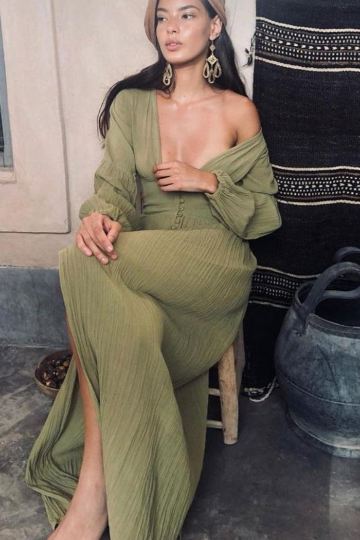 Gail V-neck Plisse Maxi Milkmaid Dress