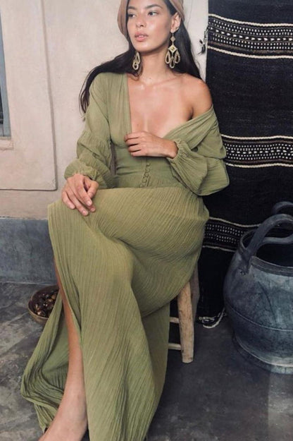 Gail V-neck Plisse Maxi Milkmaid Dress