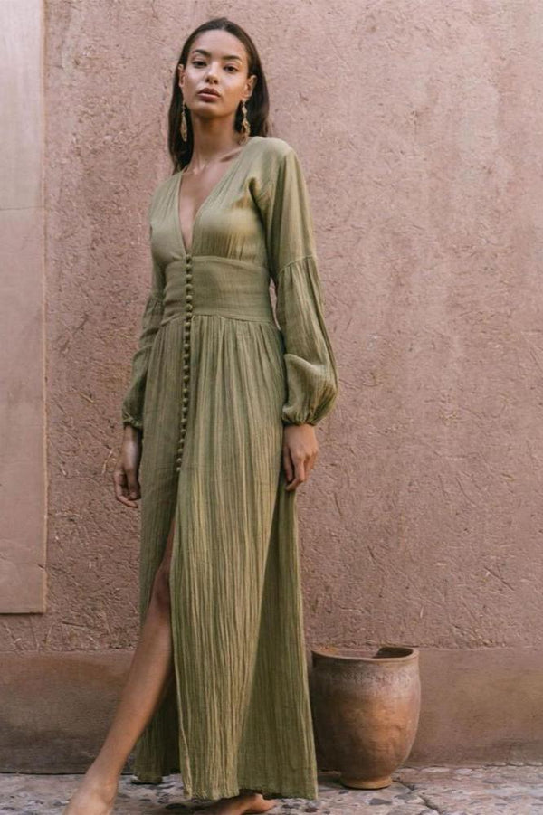 Gail V-neck Plisse Maxi Milkmaid Dress