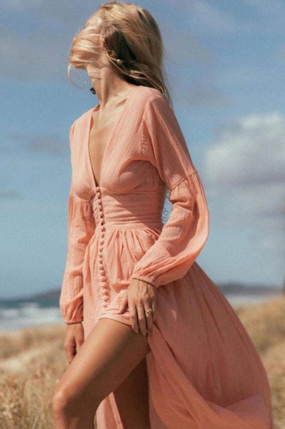 Gail V-neck Plisse Maxi Milkmaid Dress