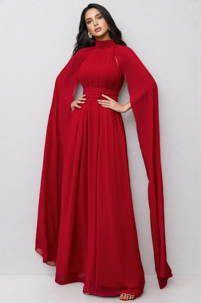Berit Red Cape Sleeve Mesh Maxi Dress