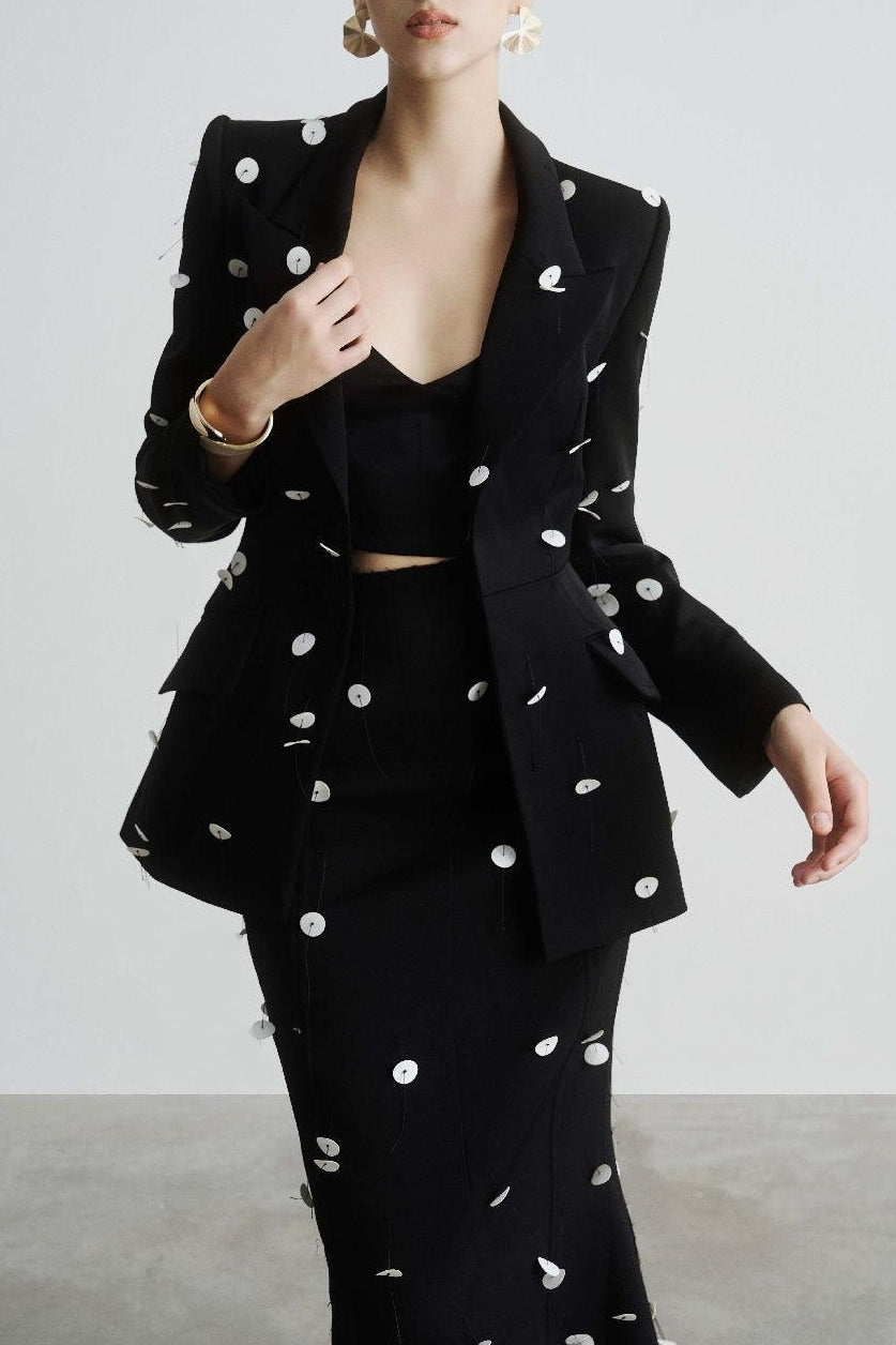 Gana Sequin Dot Trumpet Blazer - Black