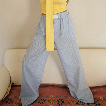 Plaid High Waist Straight Wide Leg Pajama Pant