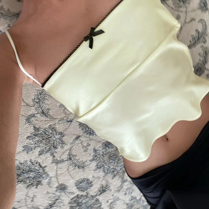 Satin Bowknot Spaghetti Crop Top