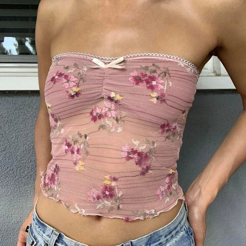 Floral See-Through Tube Crop Top