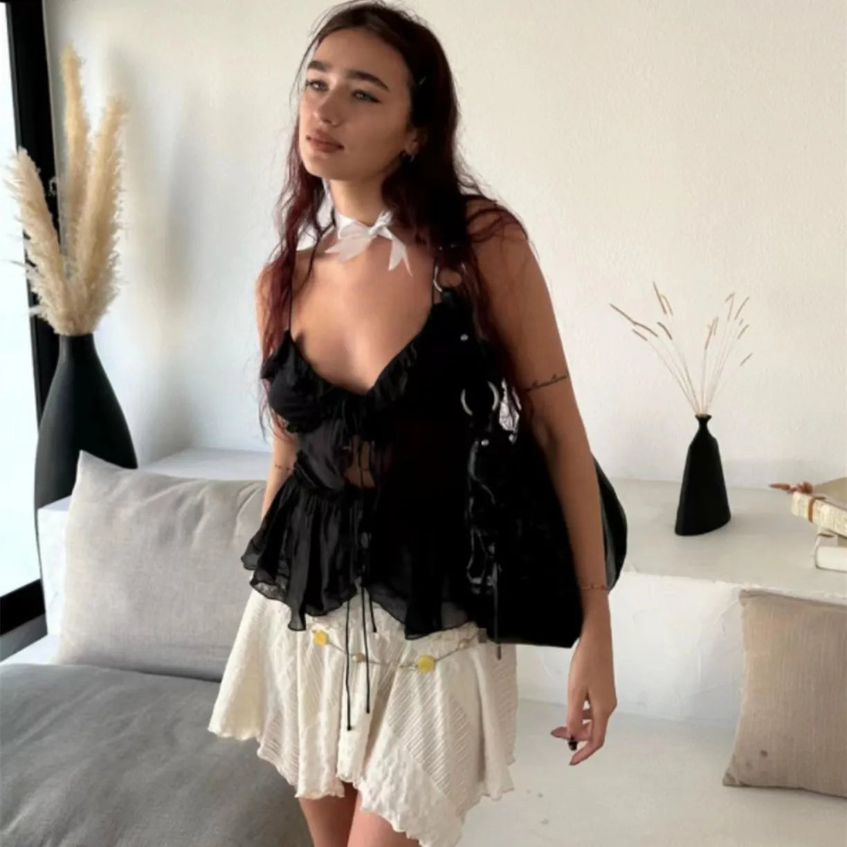 Sheer Mesh Ruffled Crop Top