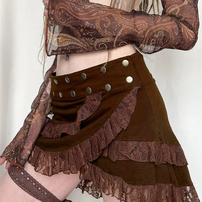 Knitted Lace Ruffled Brown Skirt