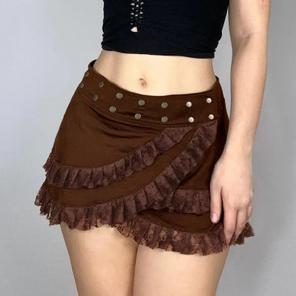 Knitted Lace Ruffled Brown Skirt