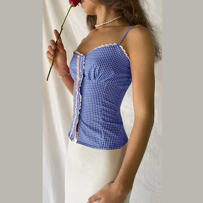 Gingham Checkered Lace Crop Top