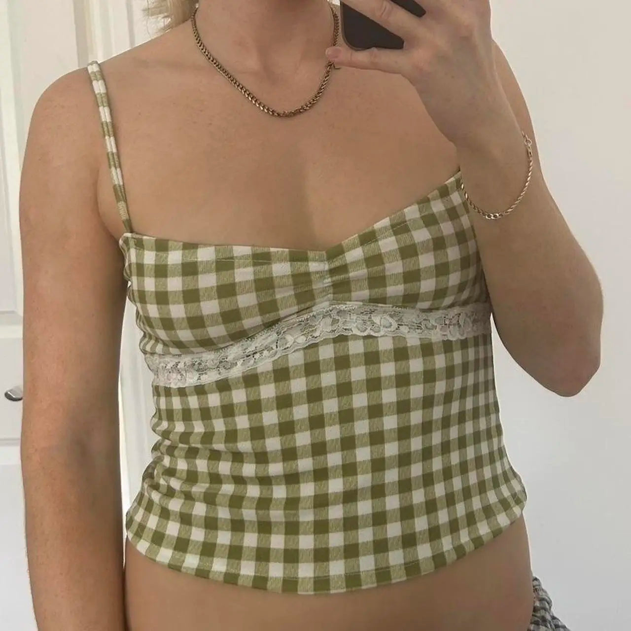Gingham Checkered Lace Crop Top