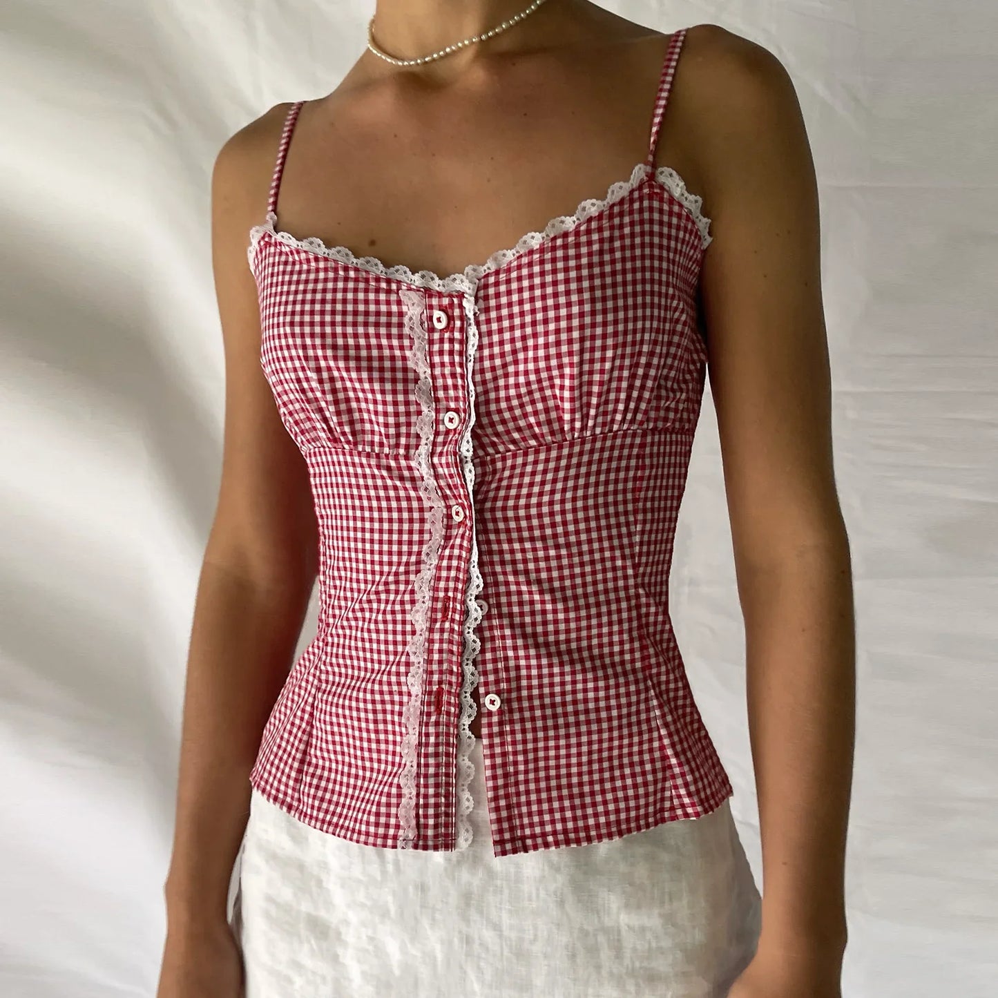 Gingham Checkered Lace Crop Top