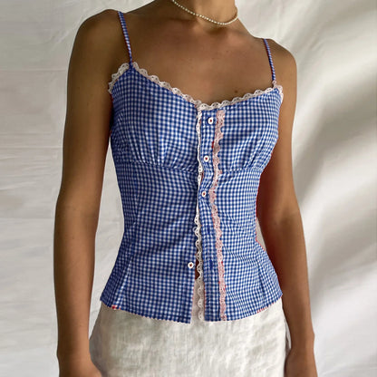 Gingham Checkered Lace Crop Top