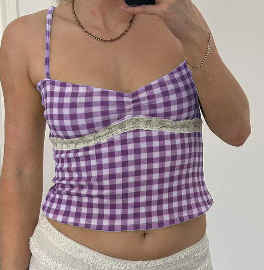 Gingham Checkered Lace Crop Top