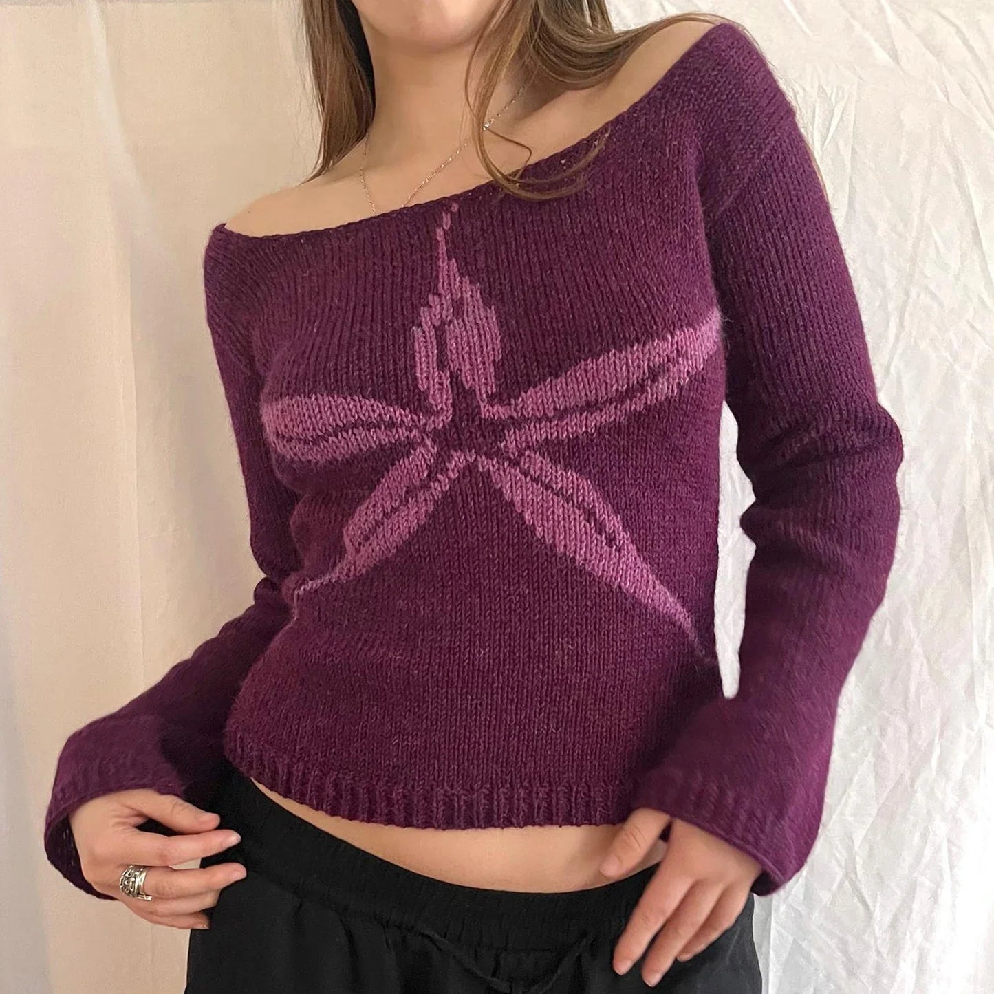 Y2K Off Shoulder Bow Graphic Pullover Knit Top