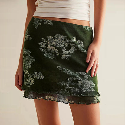 Fine Mesh Flower Print Skirt