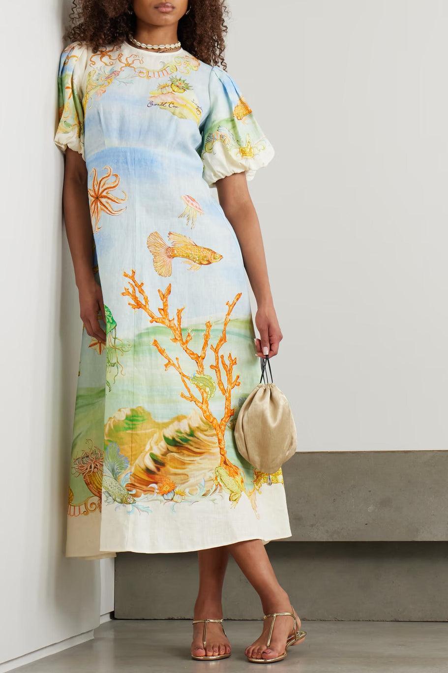 Gathered Printed Linen-Gauze Midi Dress