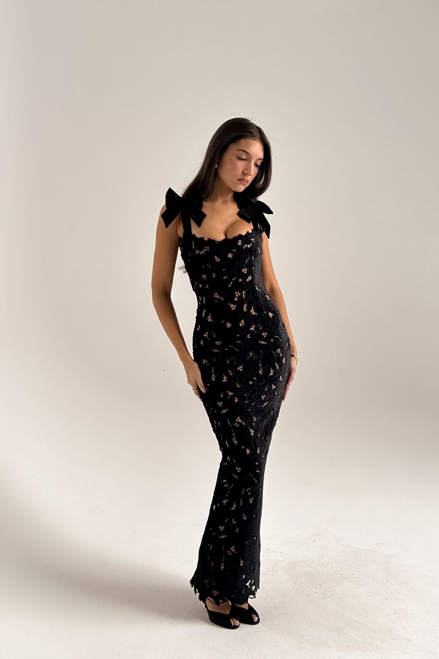 Veronica Bow Strap Embroidered Lace Maxi Dress