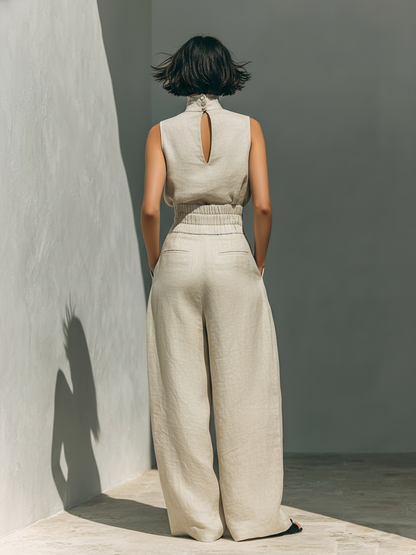 Women’s Linen Two Piece Set - Turtleneck Top Wide Leg Pants