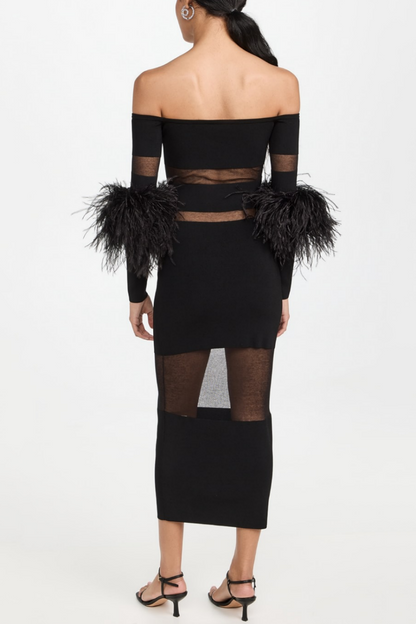 Genesis Off Shoulder Feather Mesh Midi Bandage Dress - Black