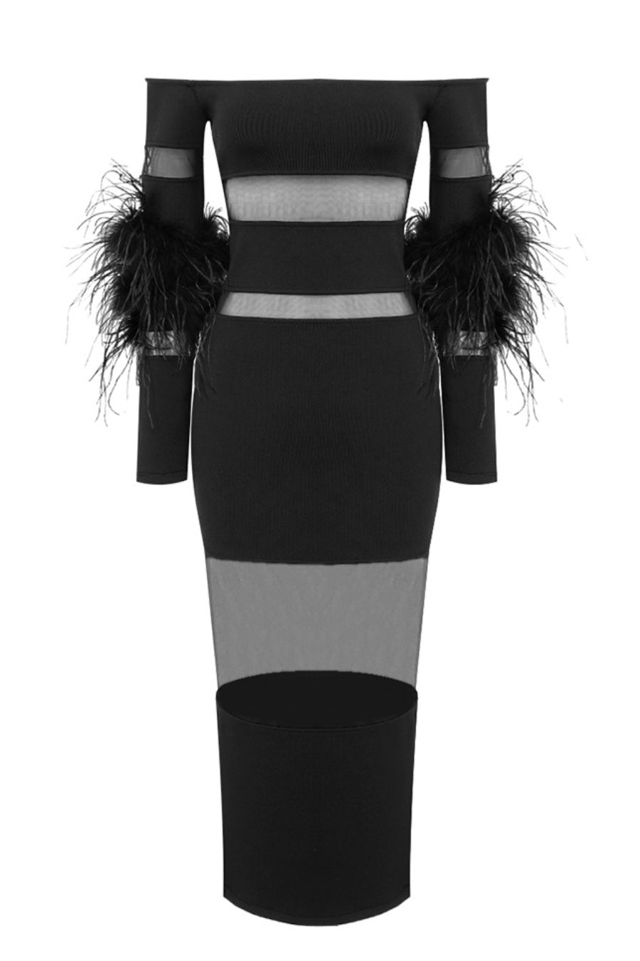 Genesis Off Shoulder Feather Mesh Midi Bandage Dress - Black