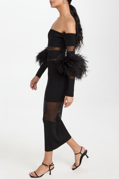 Genesis Off Shoulder Feather Mesh Midi Bandage Dress - Black