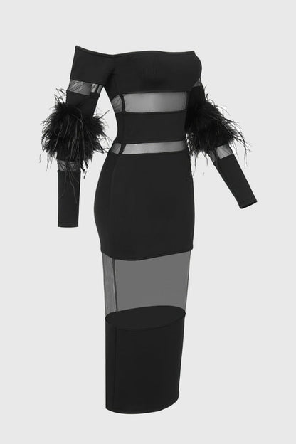 Genesis Off Shoulder Feather Mesh Midi Bandage Dress - Black
