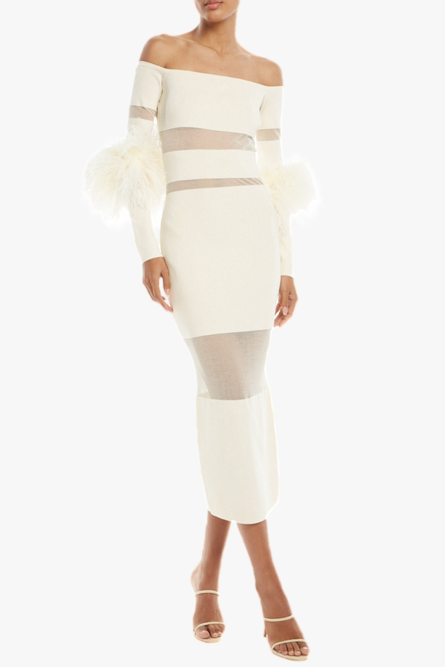 Genesis Off Shoulder Feather Mesh Midi Bandage Dress - White