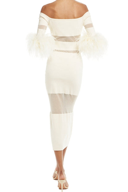 Genesis Off Shoulder Feather Mesh Midi Bandage Dress - White