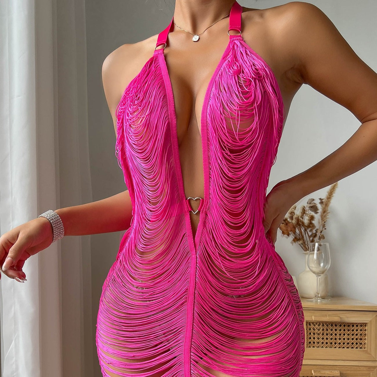Fringe Halter Deep V-Neck Heart Buckle Ring Strap Mini Dress