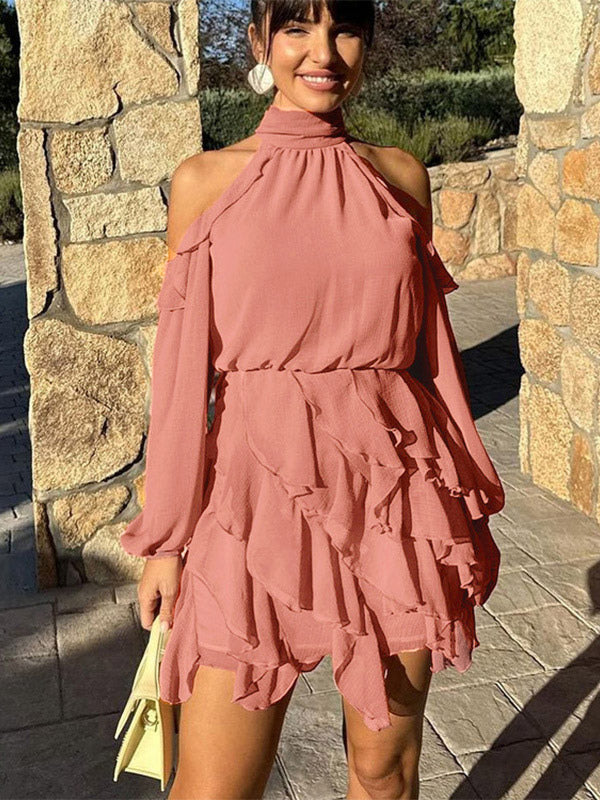 High Neck Cold Shoulder Ruffle Layered Lantern Sleeve Mini Dress For Women 2026