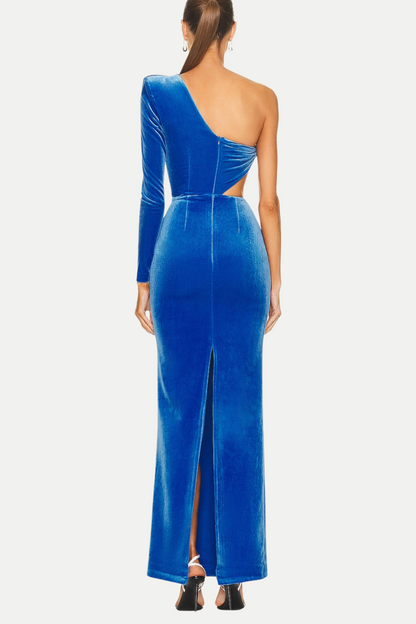 Gianni One Shoulder Velvet Cutout Maxi Dress