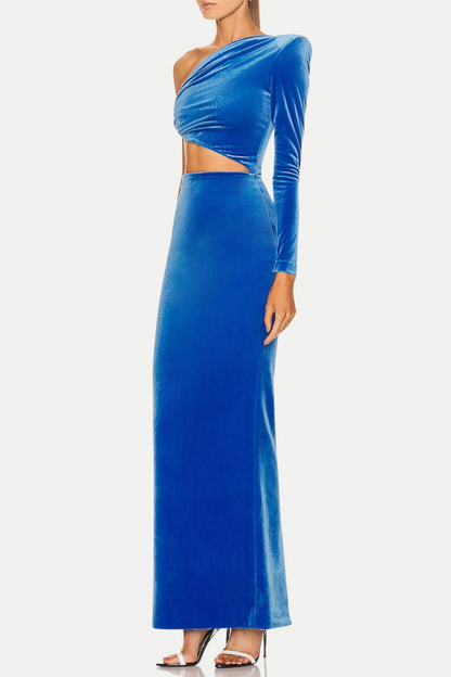 Gianni One Shoulder Velvet Cutout Maxi Dress