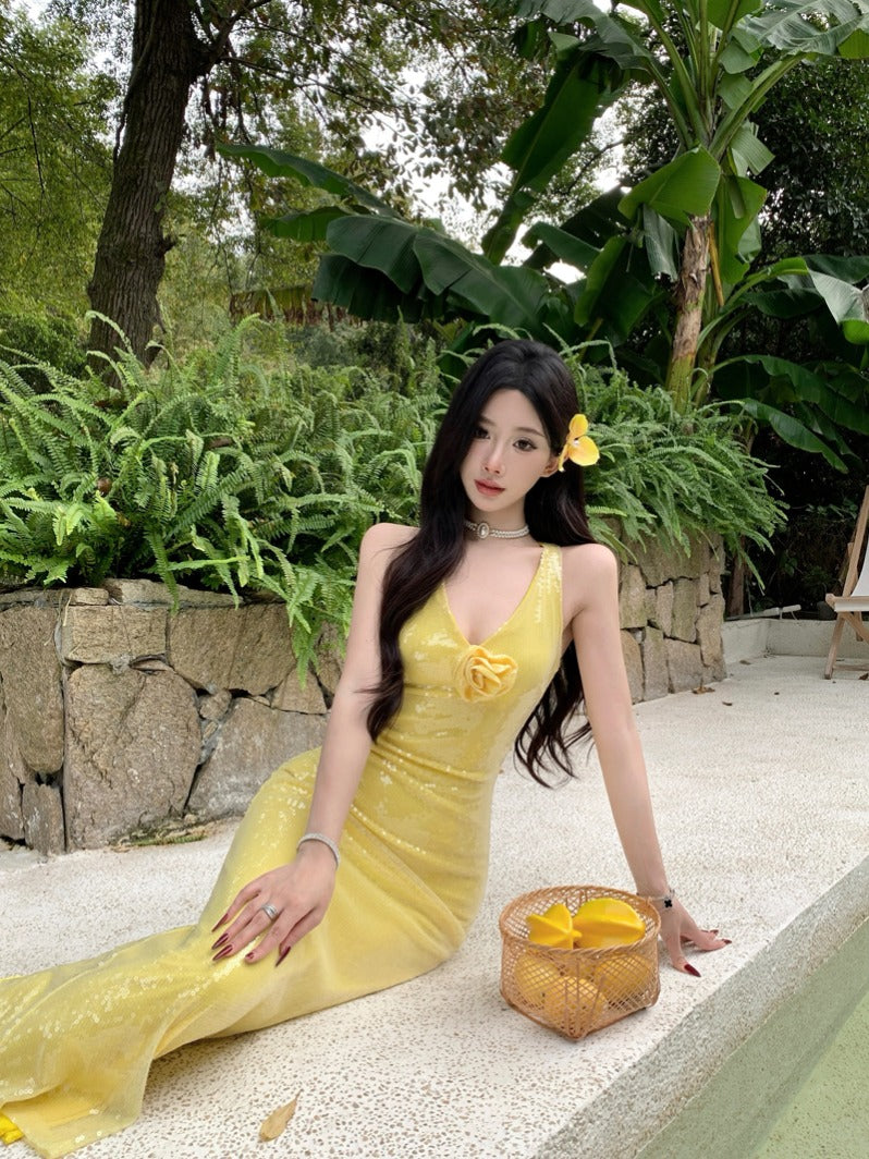 Glam Yellow Sequin Backless Dress Elegant Birthday Party Gown