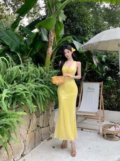 Glam Yellow Sequin Backless Dress Elegant Birthday Party Gown